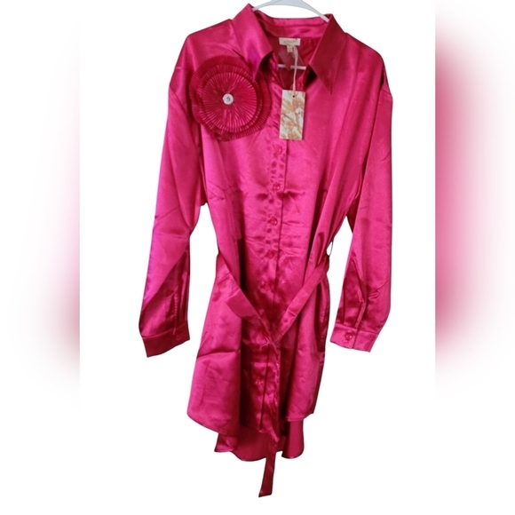 Boutique Fuchsia Pink Satin Button Up Mini Shirt Dress Belted Long Sleeve - Picture 13 of 15